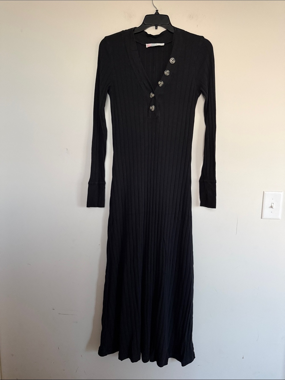 FP Beach Black Ribbed Long-Sleeve Maxi Dress with V-Neck Button Detail